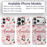 Cute Cherry and Daisy Flowers with Pink Ribbon Custom Name Protective Phone Case Mobile Cover Durable Everyday Smartphone Shock Resistant