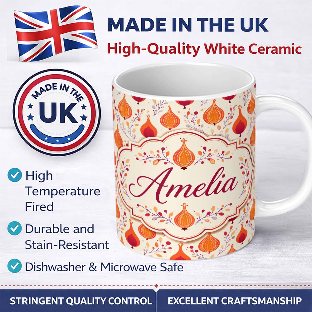 Personalized Custom Name Bright Orange Onion Seamless Pattern Modern Folk Botanical Design 11oz Ceramic Coffee Tea Mug White Large Handle