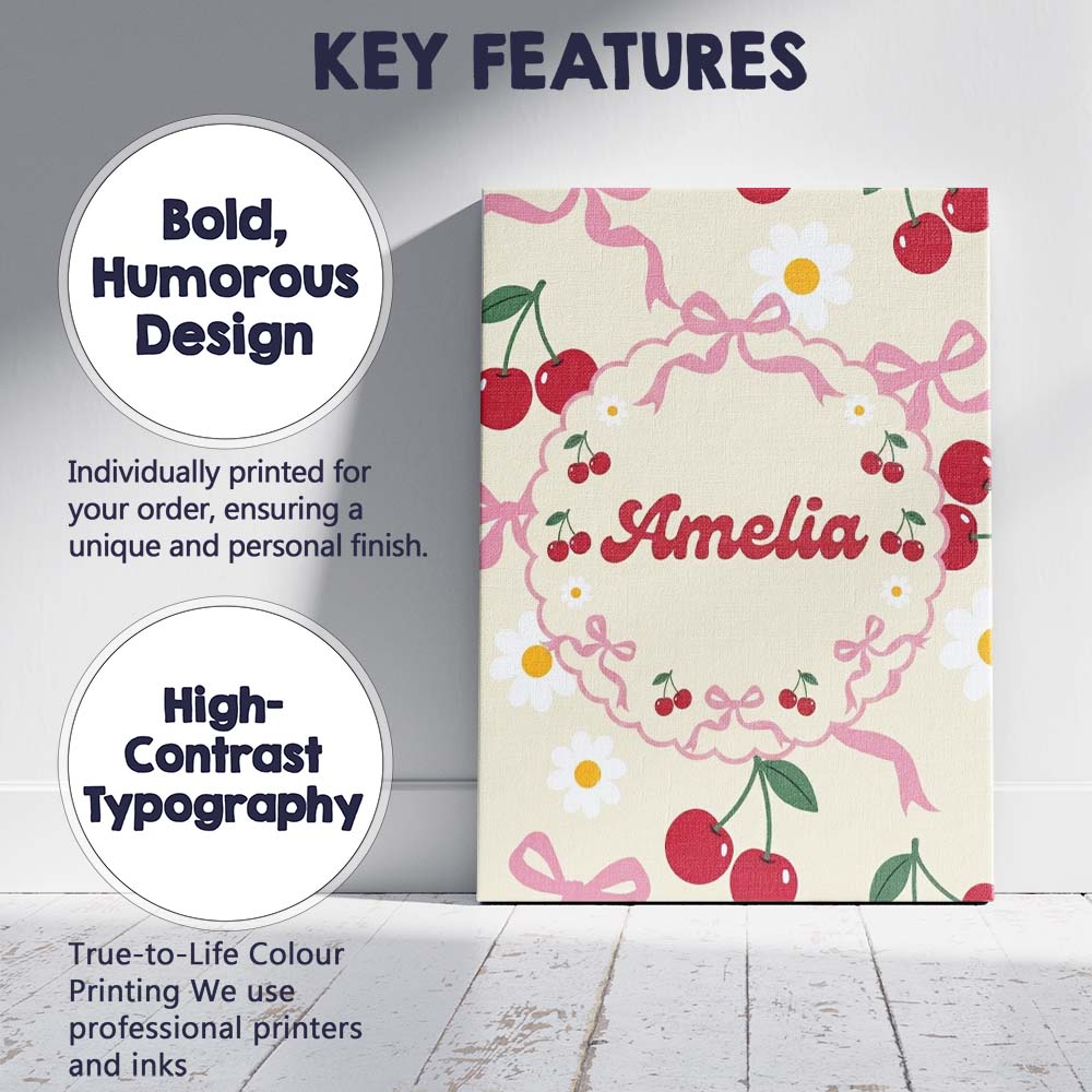 Personalised Name Cute Cherry and Daisy Custom  Modern Room Accent Elegant Feature Canvas Wall Art Print Decor Picture Ready to Hang