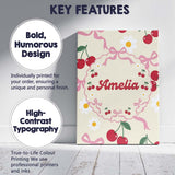 Personalised Name Cute Cherry and Daisy Custom  Modern Room Accent Elegant Feature Canvas Wall Art Print Decor Picture Ready to Hang