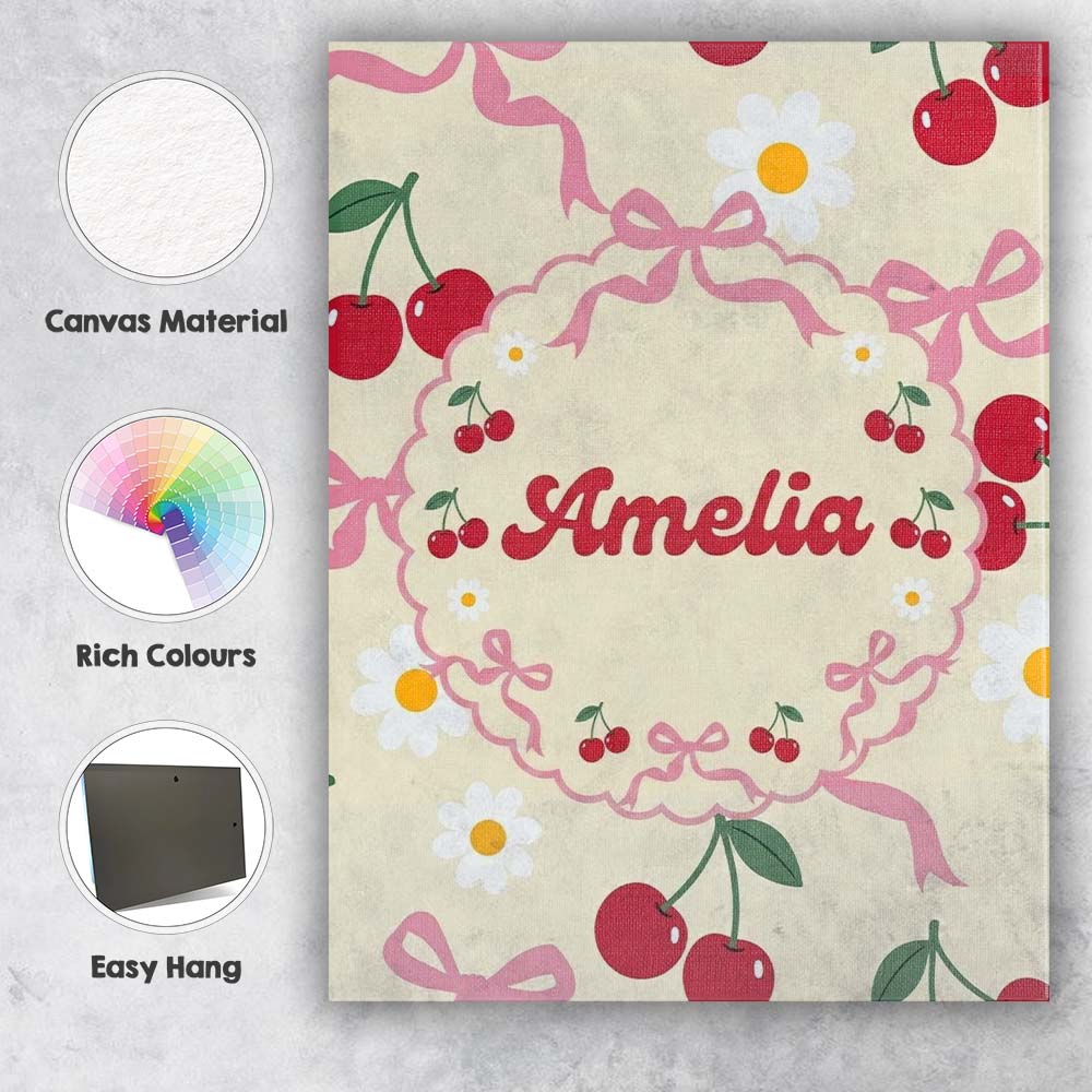 Personalised Name Cute Cherry and Daisy Custom  Modern Room Accent Elegant Feature Canvas Wall Art Print Decor Picture Ready to Hang