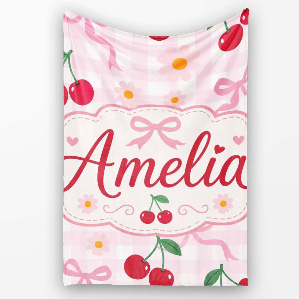 Cute Cherry and Daisy Flowers with Pink Ribbon Bows Pink Gingham  Personalised Custom Name Super Soft Fleece Blanket Bed Sofa Throw