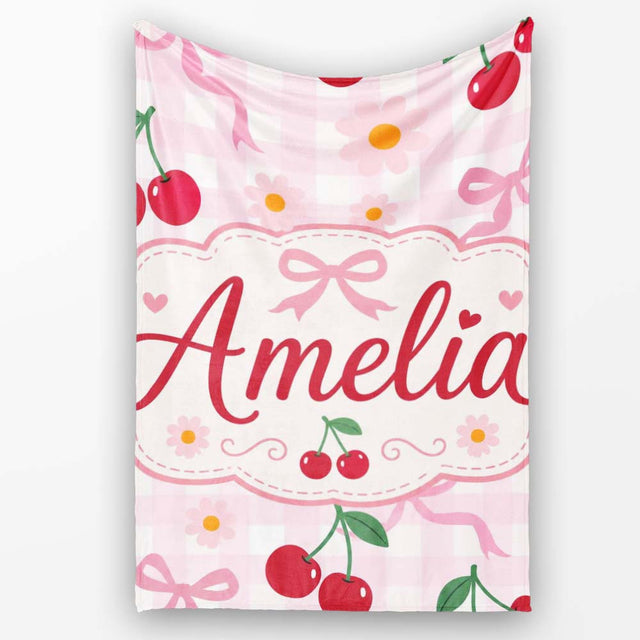 Cute Cherry and Daisy Flowers with Pink Ribbon Bows Pink Gingham  Personalised Custom Name Super Soft Fleece Blanket Bed Sofa Throw