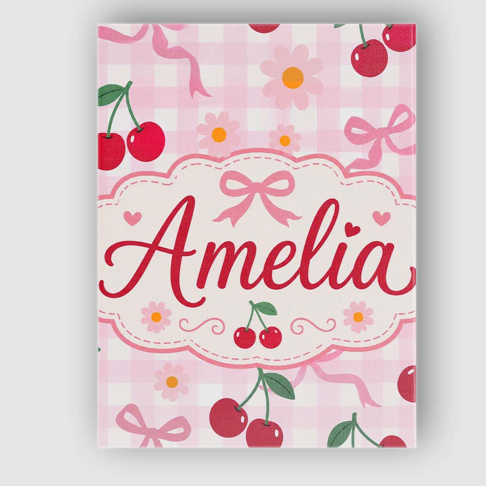 Personalised Name Cute Cherry and Daisy Custom  Modern Room Accent Elegant Feature Canvas Wall Art Print Decor Picture Ready to Hang