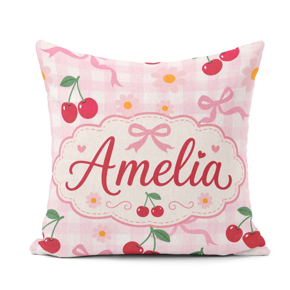 Custom Name Cherry and Daisy Flowers with Pink Bows Pink Gingham Square Filled Cushion Throw Pillow Sofa Bed Home Decor Zip Washable UK Made