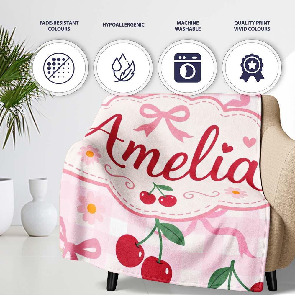 Cute Cherry and Daisy Flowers with Pink Ribbon Bows Pink Gingham  Personalised Custom Name Super Soft Fleece Blanket Bed Sofa Throw