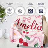 Cute Cherry and Daisy Flowers with Pink Ribbon Bows Pink Gingham  Personalised Custom Name Super Soft Fleece Blanket Bed Sofa Throw