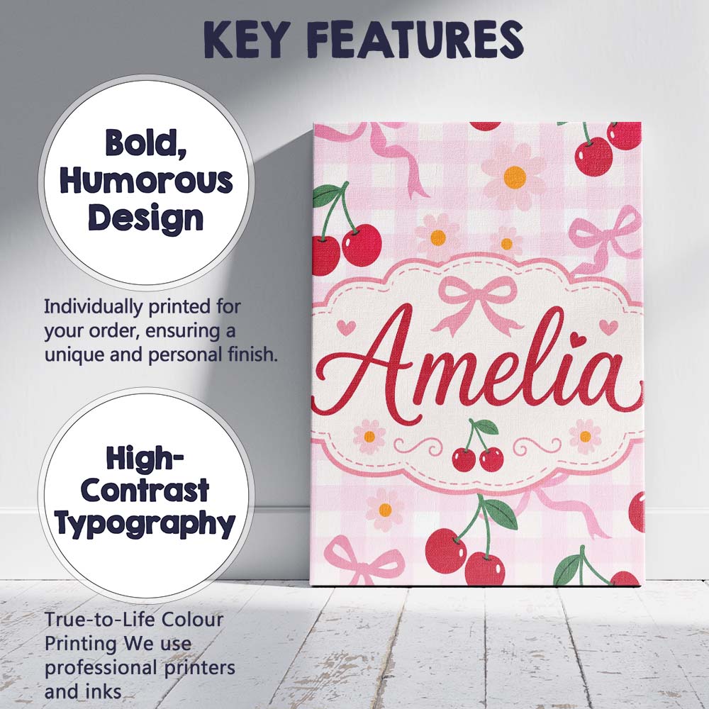 Personalised Name Cute Cherry and Daisy Custom  Modern Room Accent Elegant Feature Canvas Wall Art Print Decor Picture Ready to Hang