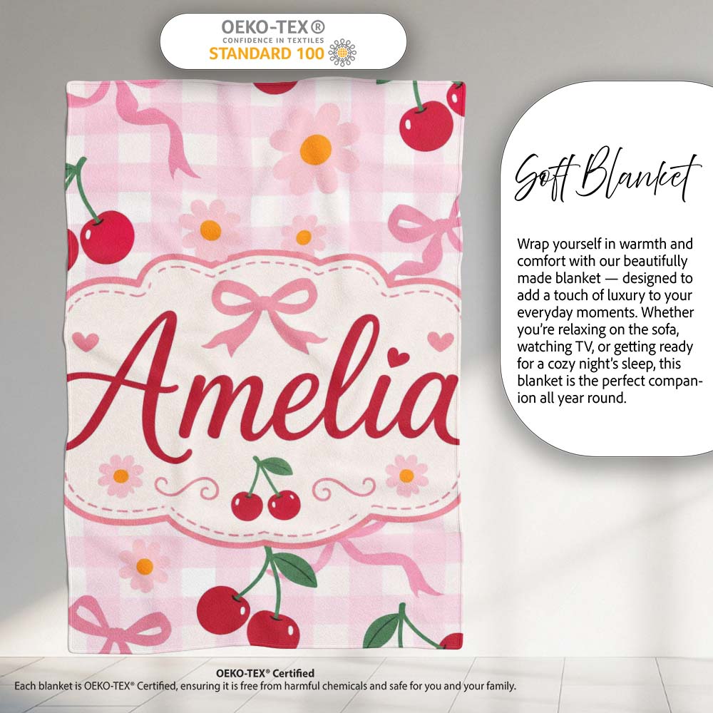Cute Cherry and Daisy Flowers with Pink Ribbon Bows Pink Gingham  Personalised Custom Name Super Soft Fleece Blanket Bed Sofa Throw