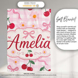 Cute Cherry and Daisy Flowers with Pink Ribbon Bows Pink Gingham  Personalised Custom Name Super Soft Fleece Blanket Bed Sofa Throw