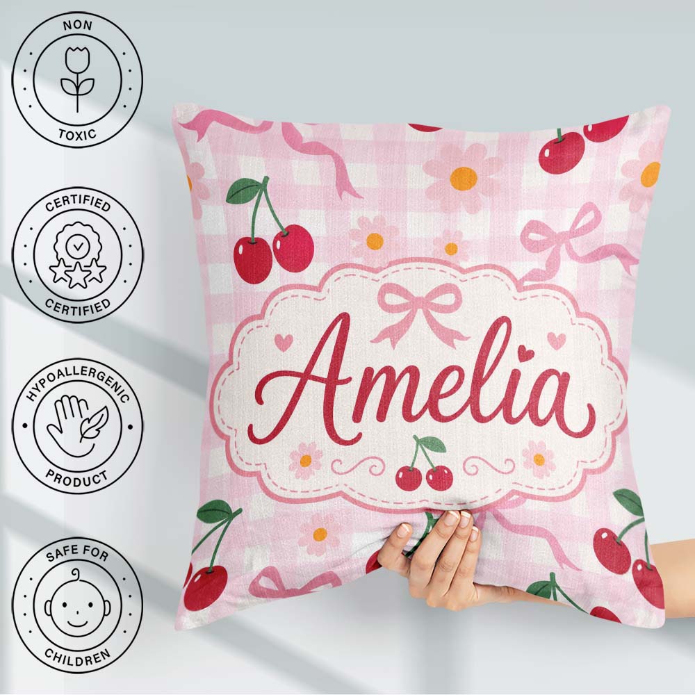 Custom Name Cherry and Daisy Flowers with Pink Bows Pink Gingham Square Filled Cushion Throw Pillow Sofa Bed Home Decor Zip Washable UK Made