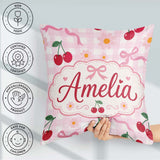 Custom Name Cherry and Daisy Flowers with Pink Bows Pink Gingham Square Filled Cushion Throw Pillow Sofa Bed Home Decor Zip Washable UK Made