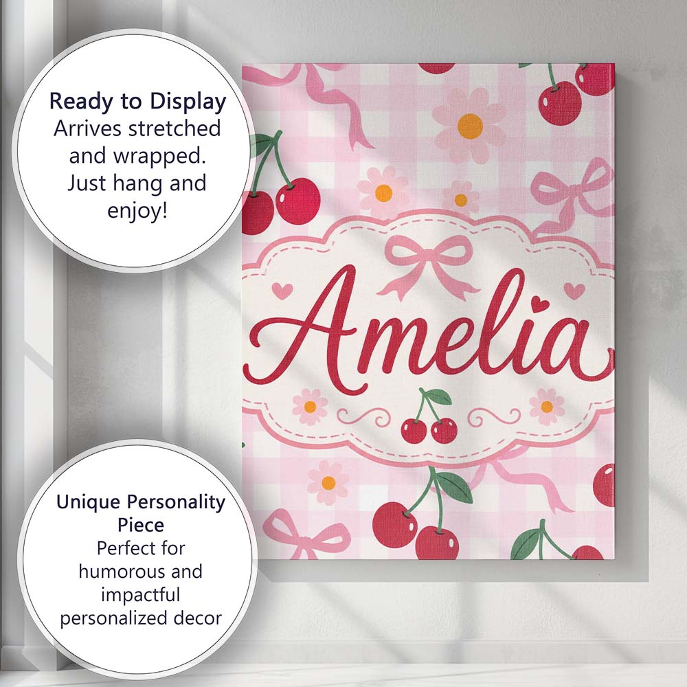 Personalised Name Cute Cherry and Daisy Custom  Modern Room Accent Elegant Feature Canvas Wall Art Print Decor Picture Ready to Hang