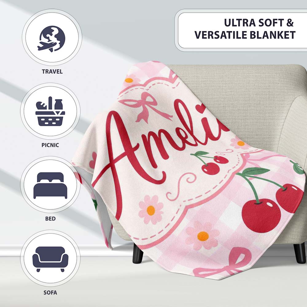 Cute Cherry and Daisy Flowers with Pink Ribbon Bows Pink Gingham  Personalised Custom Name Super Soft Fleece Blanket Bed Sofa Throw
