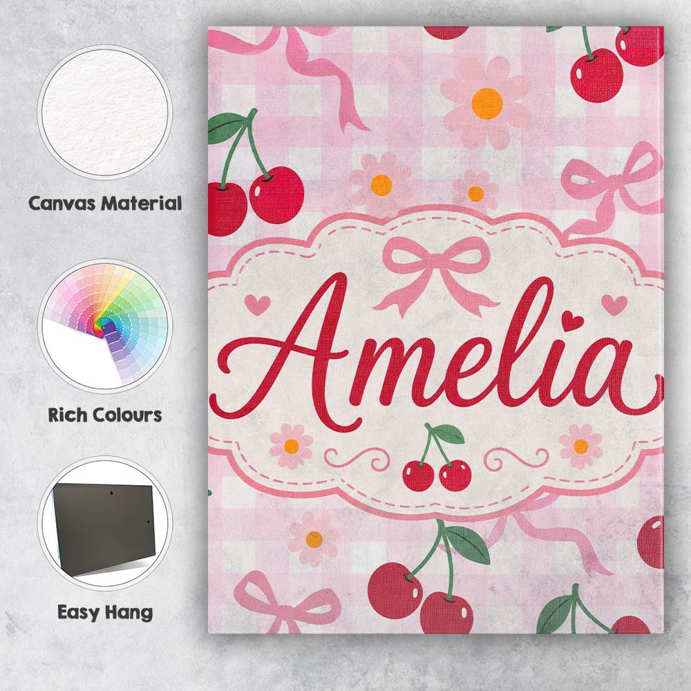Personalised Name Cute Cherry and Daisy Custom  Modern Room Accent Elegant Feature Canvas Wall Art Print Decor Picture Ready to Hang