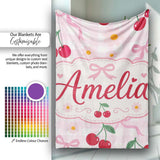 Cute Cherry and Daisy Flowers with Pink Ribbon Bows Pink Gingham  Personalised Custom Name Super Soft Fleece Blanket Bed Sofa Throw