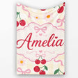 Cute Cherry and Daisy Flowers with Pink Ribbon Bows Yellow Gingham  Personalised Custom Name Super Soft Fleece Blanket Bed Sofa Throw