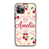 Cute Cherry and Daisy Flowers with Pink Ribbon Custom Name Protective Phone Case Mobile Cover Durable Everyday Smartphone Shock Resistant