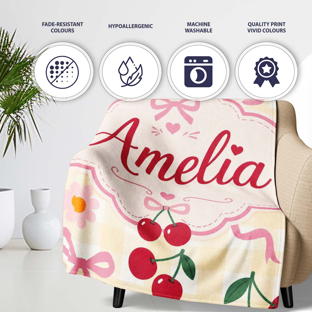 Cute Cherry and Daisy Flowers with Pink Ribbon Bows Yellow Gingham  Personalised Custom Name Super Soft Fleece Blanket Bed Sofa Throw