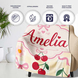 Cute Cherry and Daisy Flowers with Pink Ribbon Bows Yellow Gingham  Personalised Custom Name Super Soft Fleece Blanket Bed Sofa Throw