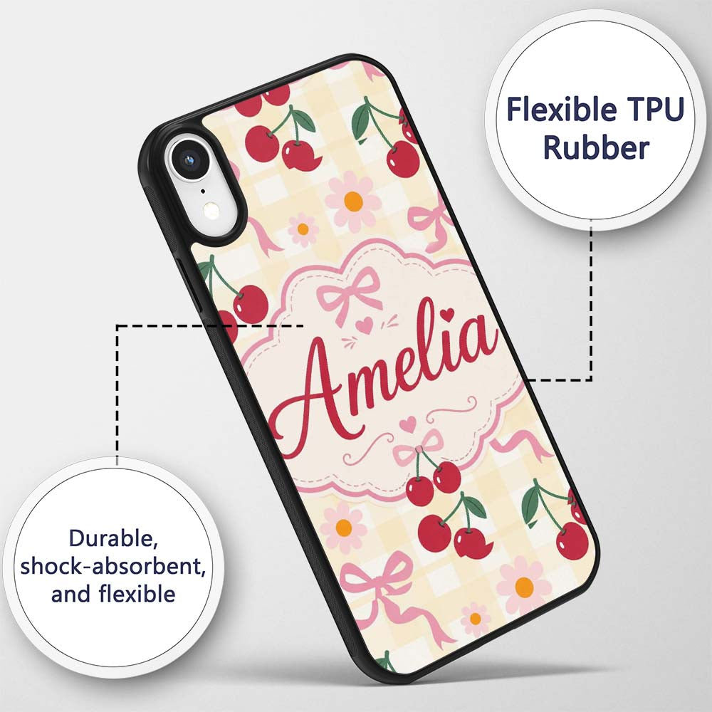 Cute Cherry and Daisy Flowers with Pink Ribbon Custom Name Protective Phone Case Mobile Cover Durable Everyday Smartphone Shock Resistant