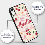 Cute Cherry and Daisy Flowers with Pink Ribbon Custom Name Protective Phone Case Mobile Cover Durable Everyday Smartphone Shock Resistant