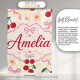 Cute Cherry and Daisy Flowers with Pink Ribbon Bows Yellow Gingham  Personalised Custom Name Super Soft Fleece Blanket Bed Sofa Throw