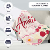 Cute Cherry and Daisy Flowers with Pink Ribbon Bows Yellow Gingham  Personalised Custom Name Super Soft Fleece Blanket Bed Sofa Throw