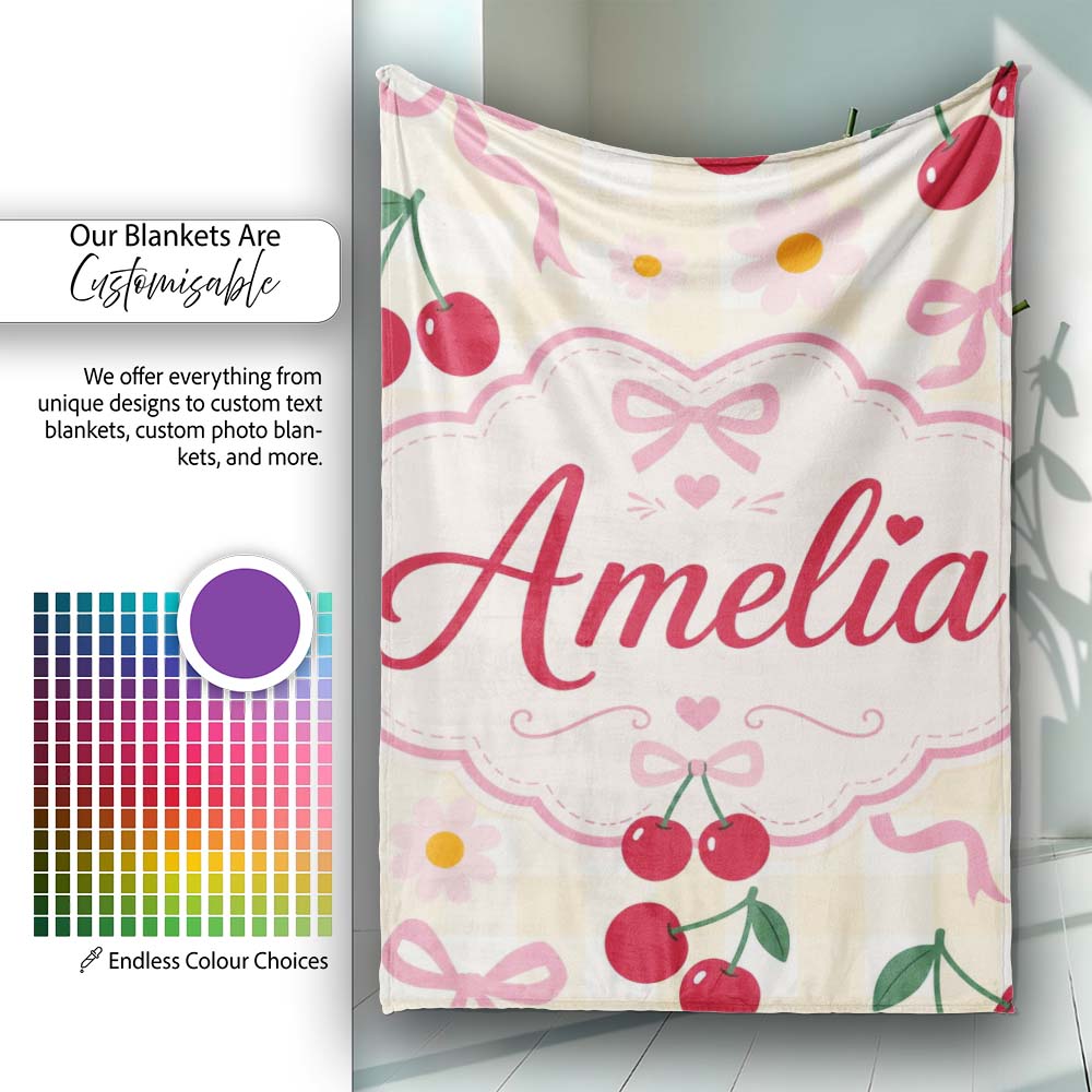 Cute Cherry and Daisy Flowers with Pink Ribbon Bows Yellow Gingham  Personalised Custom Name Super Soft Fleece Blanket Bed Sofa Throw