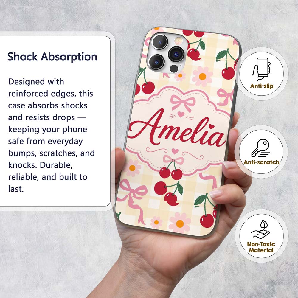 Cute Cherry and Daisy Flowers with Pink Ribbon Custom Name Protective Phone Case Mobile Cover Durable Everyday Smartphone Shock Resistant