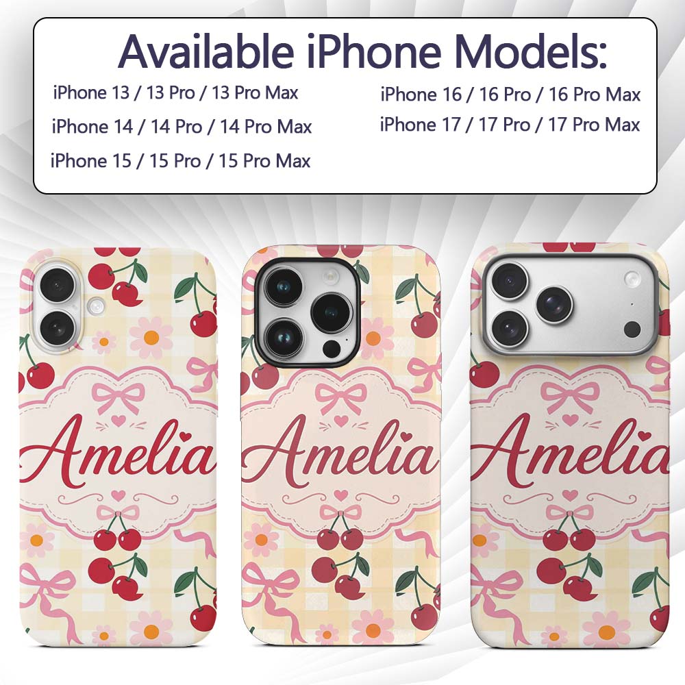 Cute Cherry and Daisy Flowers with Pink Ribbon Custom Name Protective Phone Case Mobile Cover Durable Everyday Smartphone Shock Resistant