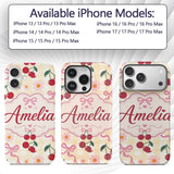Cute Cherry and Daisy Flowers with Pink Ribbon Custom Name Protective Phone Case Mobile Cover Durable Everyday Smartphone Shock Resistant