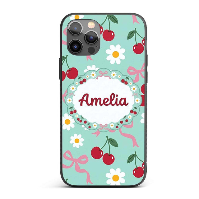Cute Cherry and Daisy Flowers with Pink Ribbon Custom Name Protective Phone Case Mobile Cover Durable Everyday Smartphone Shock Resistant