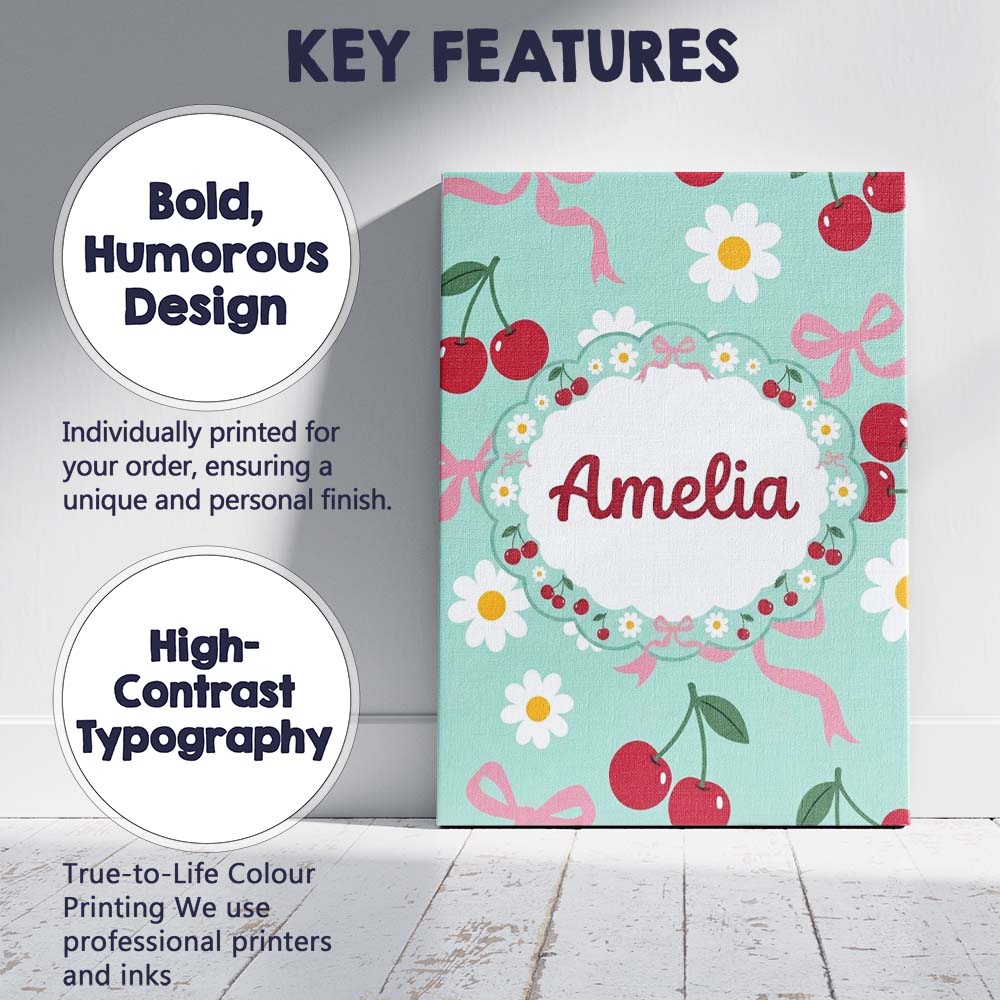 Personalised Name Cute Cherry and Daisy Custom  Modern Room Accent Elegant Feature Canvas Wall Art Print Decor Picture Ready to Hang
