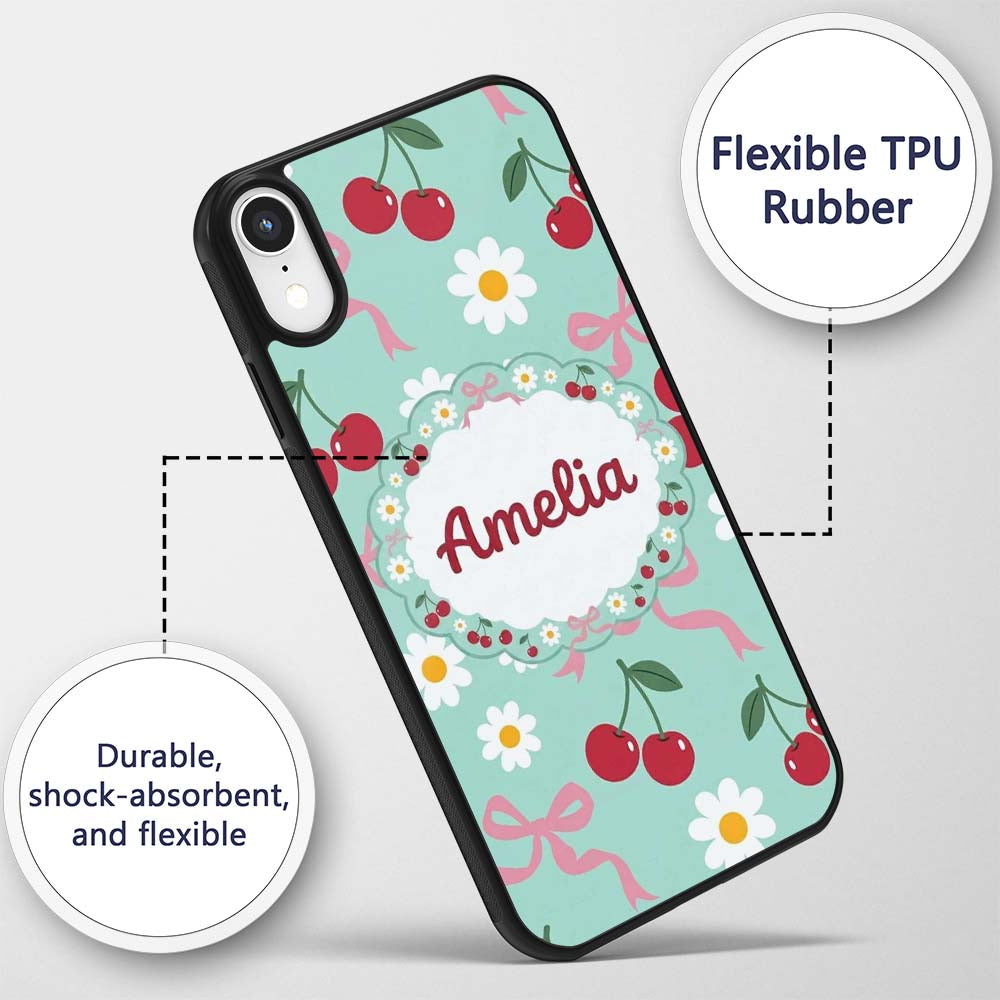 Cute Cherry and Daisy Flowers with Pink Ribbon Custom Name Protective Phone Case Mobile Cover Durable Everyday Smartphone Shock Resistant