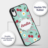Cute Cherry and Daisy Flowers with Pink Ribbon Custom Name Protective Phone Case Mobile Cover Durable Everyday Smartphone Shock Resistant