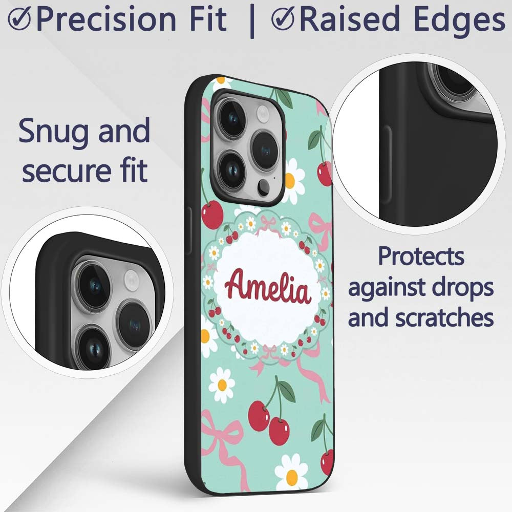 Cute Cherry and Daisy Flowers with Pink Ribbon Custom Name Protective Phone Case Mobile Cover Durable Everyday Smartphone Shock Resistant
