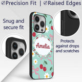 Cute Cherry and Daisy Flowers with Pink Ribbon Custom Name Protective Phone Case Mobile Cover Durable Everyday Smartphone Shock Resistant