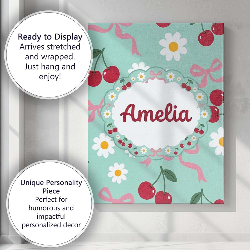 Personalised Name Cute Cherry and Daisy Custom  Modern Room Accent Elegant Feature Canvas Wall Art Print Decor Picture Ready to Hang