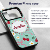 Cute Cherry and Daisy Flowers with Pink Ribbon Custom Name Protective Phone Case Mobile Cover Durable Everyday Smartphone Shock Resistant
