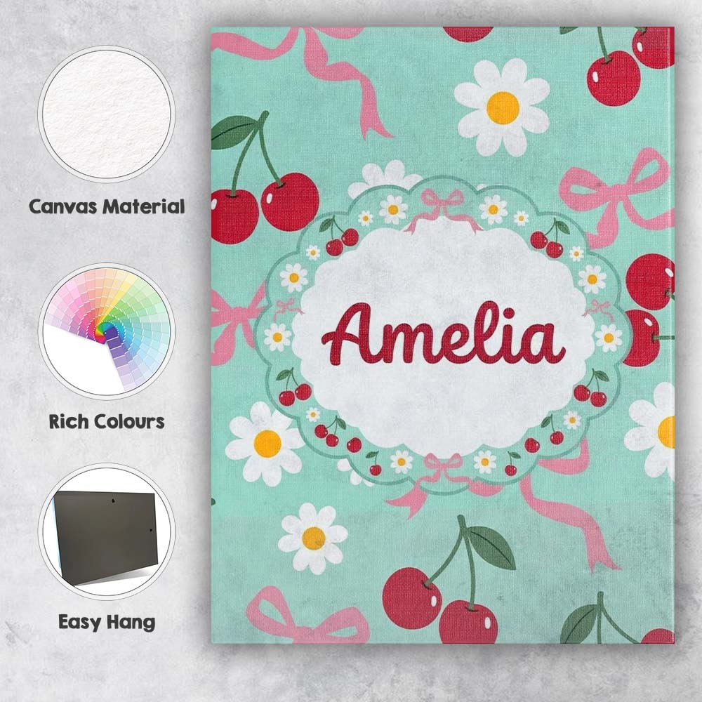 Personalised Name Cute Cherry and Daisy Custom  Modern Room Accent Elegant Feature Canvas Wall Art Print Decor Picture Ready to Hang