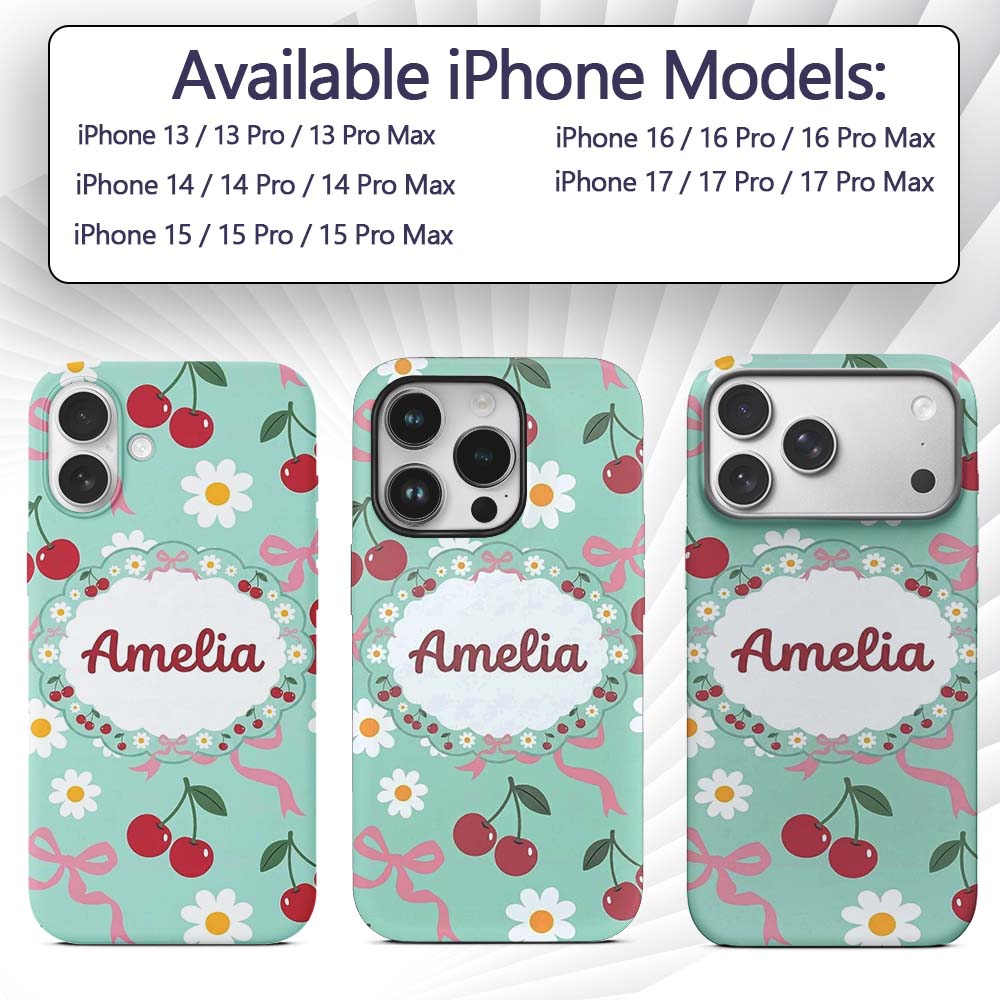 Cute Cherry and Daisy Flowers with Pink Ribbon Custom Name Protective Phone Case Mobile Cover Durable Everyday Smartphone Shock Resistant