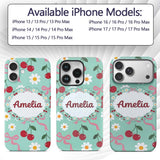 Cute Cherry and Daisy Flowers with Pink Ribbon Custom Name Protective Phone Case Mobile Cover Durable Everyday Smartphone Shock Resistant