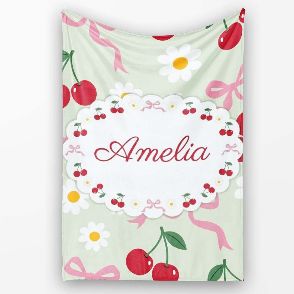 Cute Cherry and Daisy Flowers with Pink Ribbon Bows Sage Green  Personalised Custom Name Super Soft Fleece Blanket Bed Sofa Throw