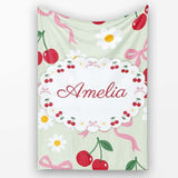 Cute Cherry and Daisy Flowers with Pink Ribbon Bows Sage Green  Personalised Custom Name Super Soft Fleece Blanket Bed Sofa Throw