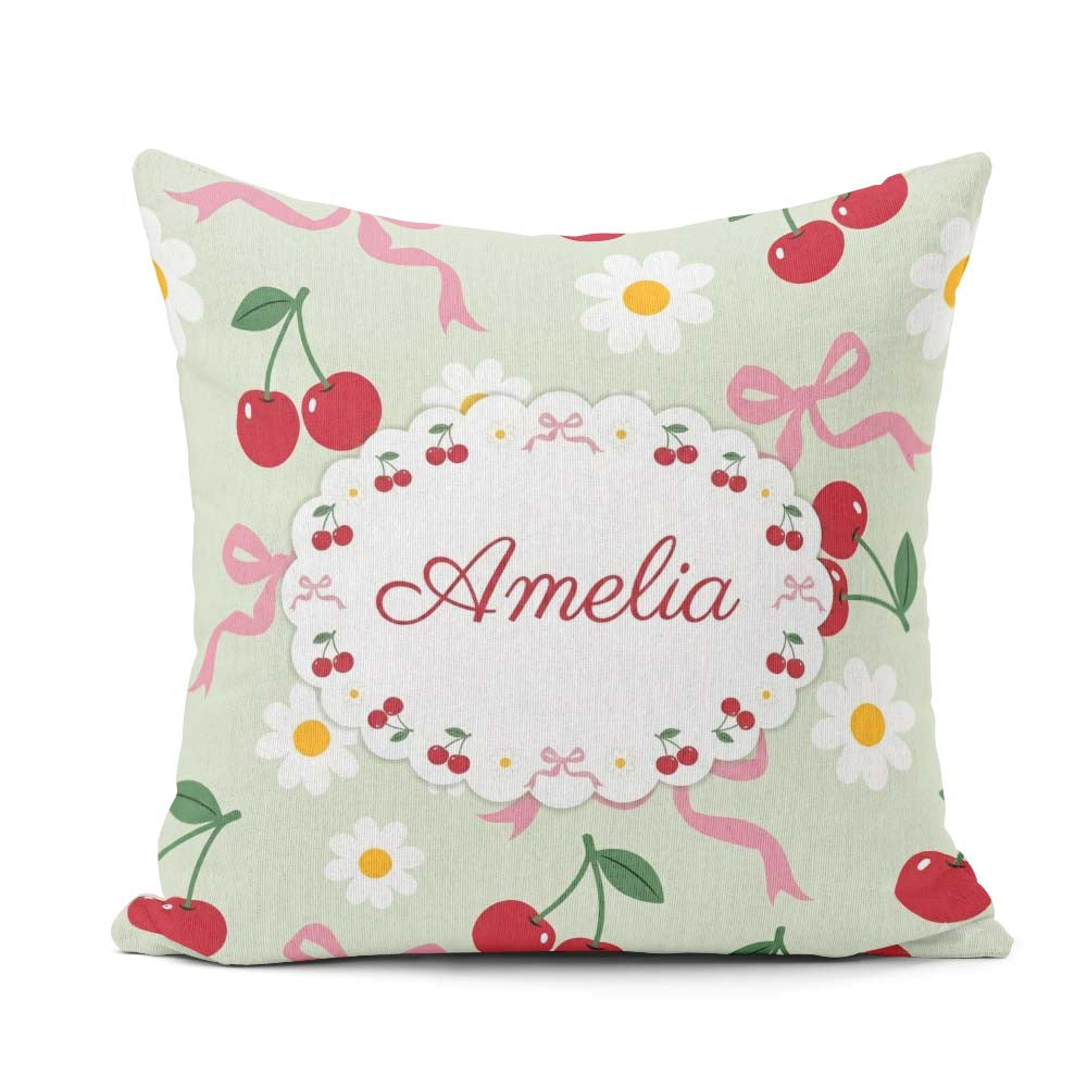 Custom Name Cherry and Daisy Flowers with Pink Ribbon Bows Green Square Filled Cushion Throw Pillow Sofa Bed Home Decor Zip Washable UK Made