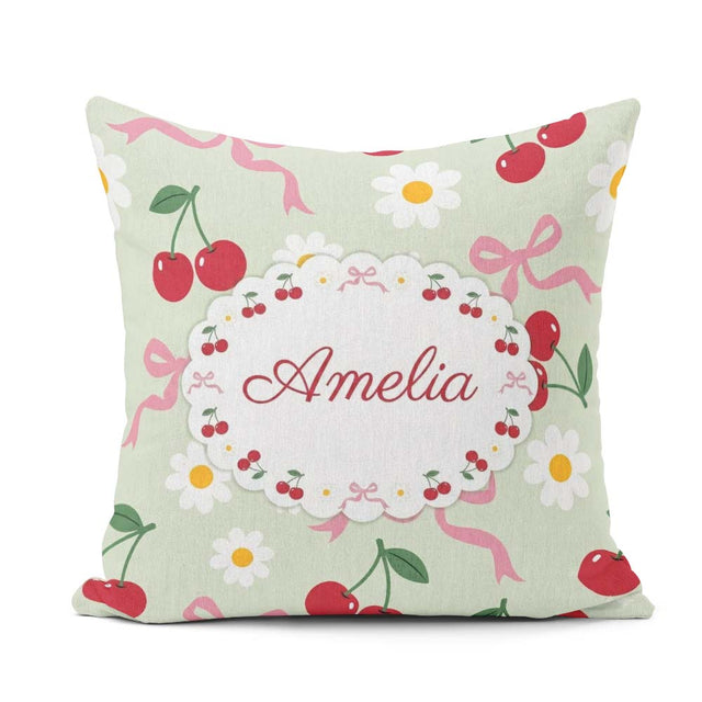 Custom Name Cherry and Daisy Flowers with Pink Ribbon Bows Green Square Filled Cushion Throw Pillow Sofa Bed Home Decor Zip Washable UK Made