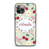 Cute Cherry and Daisy Flowers with Pink Ribbon Custom Name Protective Phone Case Mobile Cover Durable Everyday Smartphone Shock Resistant