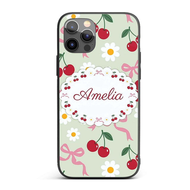 Cute Cherry and Daisy Flowers with Pink Ribbon Custom Name Protective Phone Case Mobile Cover Durable Everyday Smartphone Shock Resistant