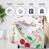 Cute Cherry and Daisy Flowers with Pink Ribbon Bows Sage Green  Personalised Custom Name Super Soft Fleece Blanket Bed Sofa Throw